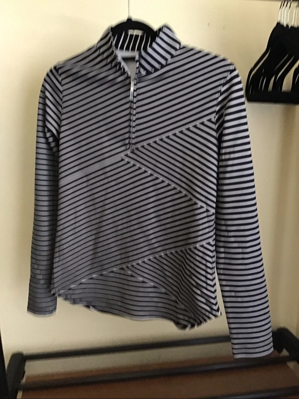 Sports Haley Wmn Black & White Striped Zip-Neck Top $25, sm/small
